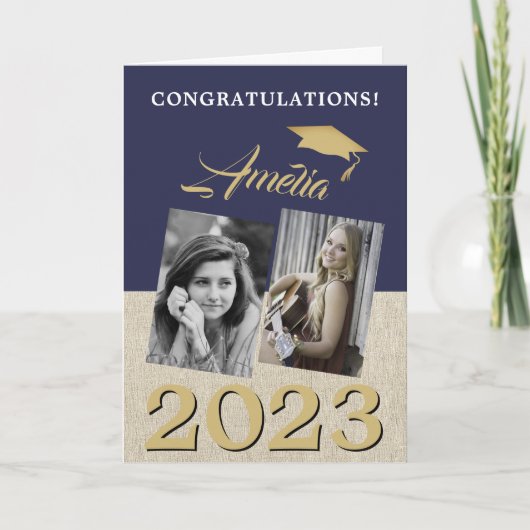 Rustic Navy Blue Afstuderen 2 foto-Afstuderen Kaart (Voorkant)