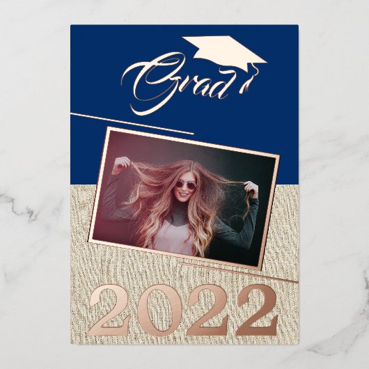 Rustic Navy Blue Afstuderen Afstuderen Gold Folie Uitnodiging (Voorkant)