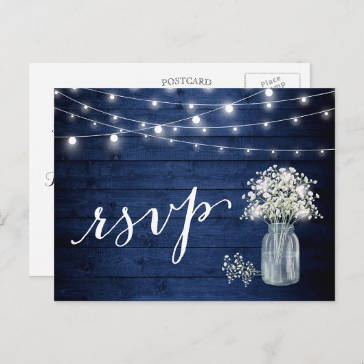 Rustic Navy Blue Baby's Breath String Lights RSVP Uitnodiging Briefkaart (Voorkant / Achterkant)