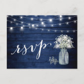 Rustic Navy Blue Baby's Breath String Lights RSVP Uitnodiging Briefkaart (Voorkant)