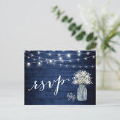 Rustic Navy Blue Baby's Breath String Lights RSVP Uitnodiging Briefkaart (Staand voorkant)