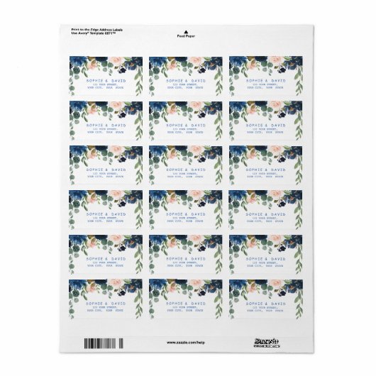 Rustic Navy Blue Blush Flowers Bloom Wedding Etiket (Full Sheet)