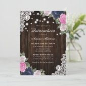Rustic Navy Blue Blush Pink Floral Quinceañera Kaart (Staand voorkant)