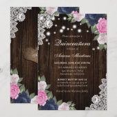 Rustic Navy Blue Blush Pink Floral Quinceañera Kaart (Voorkant / Achterkant)