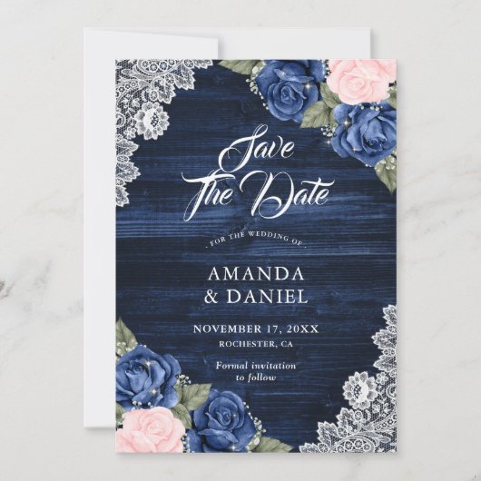 Rustic Navy Blue Blush Wood Floral Wedding Save The Date (Voorkant)