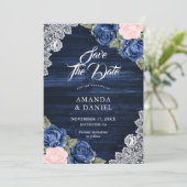 Rustic Navy Blue Blush Wood Floral Wedding Save The Date (Staand voorkant)
