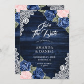 Rustic Navy Blue Blush Wood Floral Wedding Save The Date (Voorkant / Achterkant)