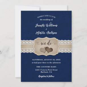 Rustic Navy Blue Burlap en Lace Wedding Kaart