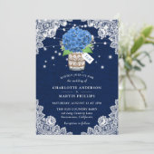 Rustic Navy Blue Burlap Lace Hydrangea Wedding Kaart (Staand voorkant)