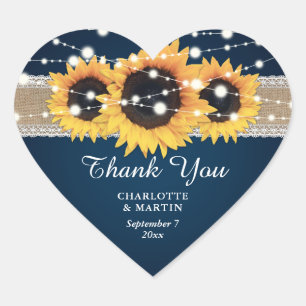 Rustic Navy Blue Burlap Lace Sunflower Wedding Hart Sticker