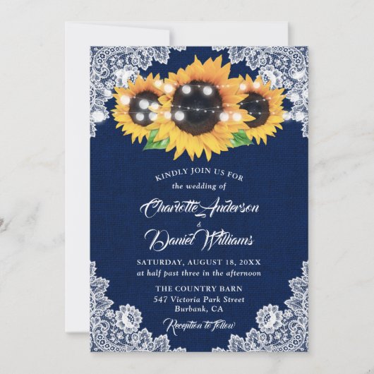 Rustic Navy Blue Burlap Lace Sunflower Wedding Kaart (Voorkant)