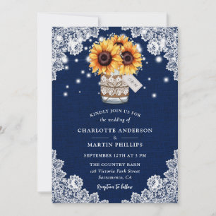 Rustic Navy Blue Burlap Lace Sunflower Wedding Kaart