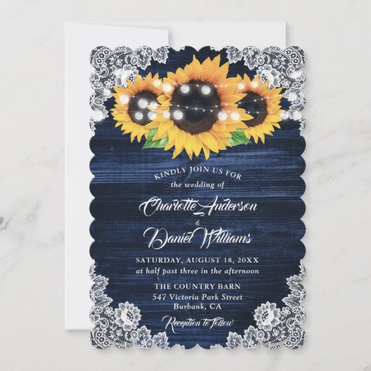 Rustic Navy Blue Burlap Lace Sunflower Wedding Kaart (Voorkant)