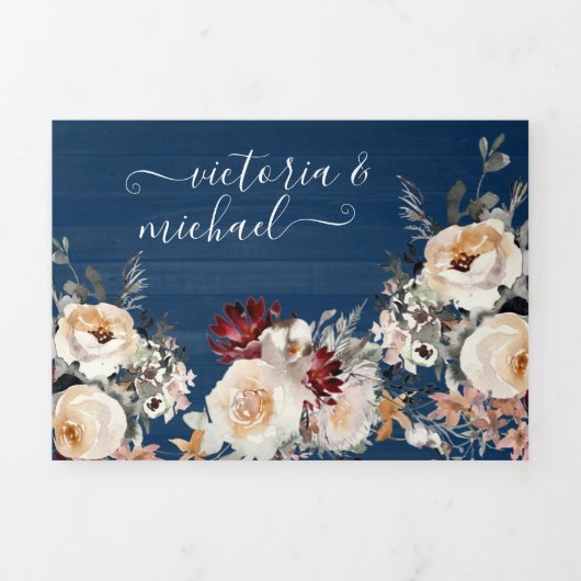 Rustic Navy Blue Cream Bourgogne & Perzik Huwelijk Drieluik Uitnodiging