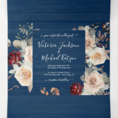 Rustic Navy Blue Cream Bourgogne & Perzik Huwelijk Drieluik Uitnodiging (Binnenkant midden)