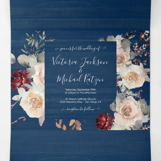 Rustic Navy Blue Cream Bourgogne & Perzik Huwelijk Drieluik Uitnodiging (Binnenkant midden)