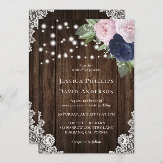 Rustic Navy Blue en Blush Wedding Invitations Kaart (Voorkant / Achterkant)