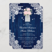 Rustic Navy Blue en Blush Wood Wedding Kaart (Voorkant / Achterkant)