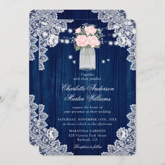 Rustic Navy Blue en Blush Wood Wedding Kaart (Voorkant / Achterkant)