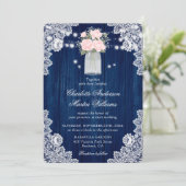 Rustic Navy Blue en Blush Wood Wedding Kaart (Staand voorkant)