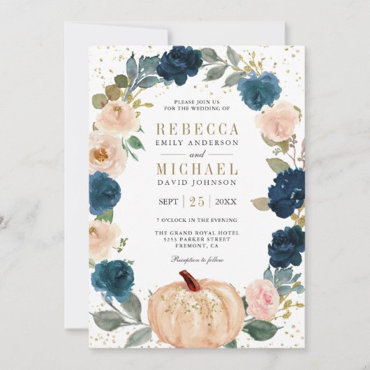 Rustic Navy Blue en Peach Floral Pumpkin Wedding Kaart (Voorkant)
