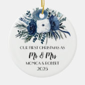 Rustic Navy Blue Floral Rozen Eerste Kerstdag Keramisch Ornament (Voorkant)