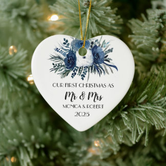 Rustic Navy Blue Floral Rozen Eerste Kerstdag Keramisch Ornament