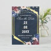 Rustic Navy Blue Gold String Lights Wedding Save The Date (Staand voorkant)