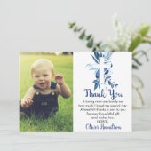 Rustic Navy Blue Greenery Cross Boy Baptism Foto Bedankkaart (Staand voorkant)