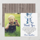 Rustic Navy Blue Greenery Cross Boy Baptism Foto Bedankkaart (Voorkant / Achterkant)