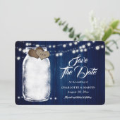 Rustic Navy Blue Mason Jar String Lights Wedding Save The Date (Staand voorkant)