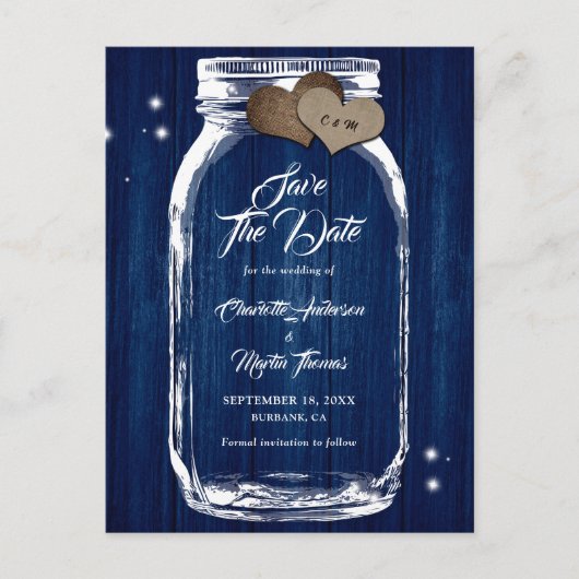 Rustic Navy Blue Mason Jar Wedding Save the Date Aankondigingskaart (Voorkant)