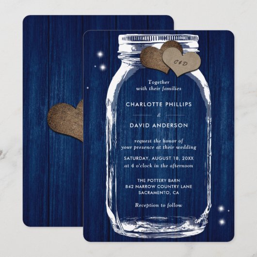 Rustic Navy Blue Mason Jar Wood Huwelijksuitnodigi Kaart (Voorkant / Achterkant)