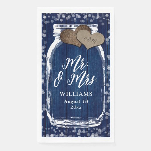 Rustic Navy Blue Mason Jar Wood Mr & Mrs Wedding Servet (Voorkant)
