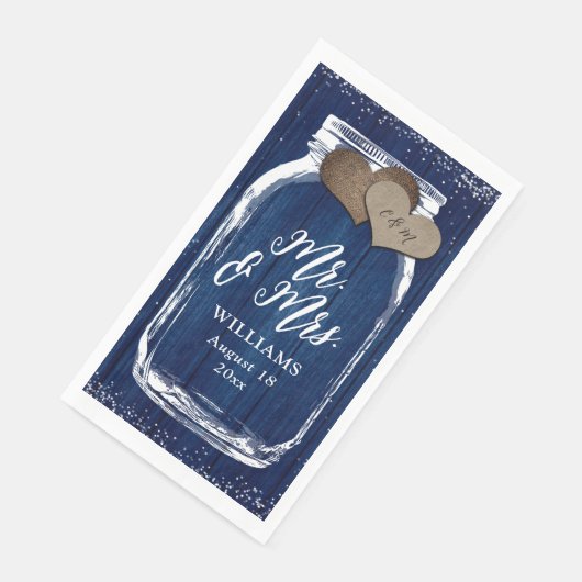 Rustic Navy Blue Mason Jar Wood Mr & Mrs Wedding Servet (Hoek)