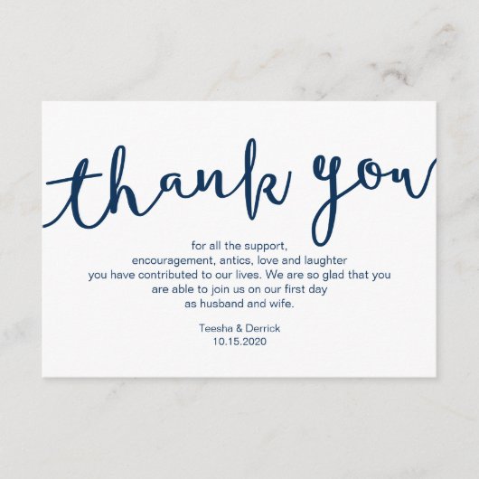 Rustic Navy Blue Script, bruiloft Dank je Informatiekaartje (Voorkant)