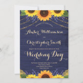 Rustic Navy Blue String Lights Sunflower Wedding Kaart (Voorkant)