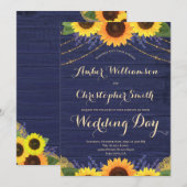Rustic Navy Blue String Lights Sunflower Wedding Kaart (Voorkant / Achterkant)