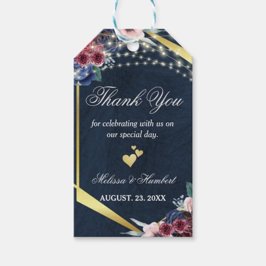 Rustic Navy Blue String Lights Wedding Bedankt Cadeaulabel (Voorkant)