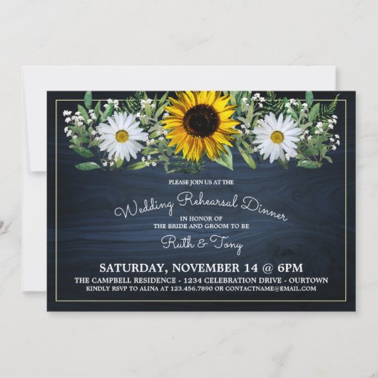 Rustic Navy Blue Sunflower|Daisy Rehearsal Dinner Kaart (Voorkant)