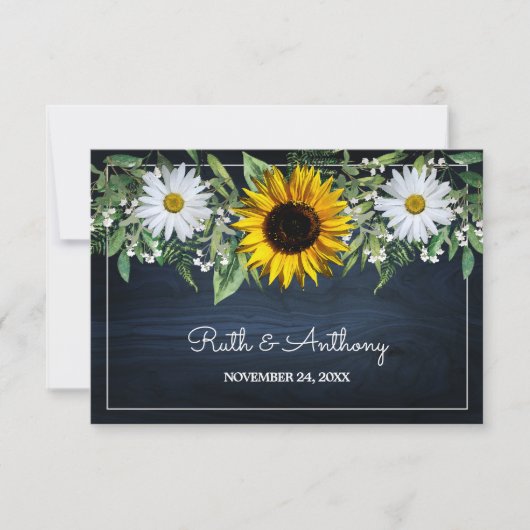 Rustic Navy Blue Sunflower|Daisy Wedding Favor Bedankkaart (Voorkant)
