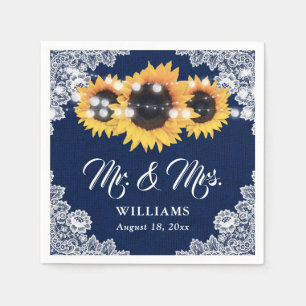 Rustic Navy Blue Sunflower Mr en Mrs Wedding Servet