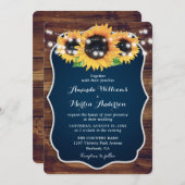 Rustic Navy Blue Sunflower String Lights Wedding Kaart (Voorkant / Achterkant)