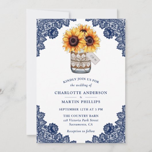 Rustic Navy Blue Sunflower Wedding Kaart (Voorkant)