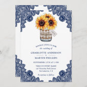Rustic Navy Blue Sunflower Wedding Kaart (Voorkant / Achterkant)