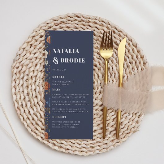 Rustic Navy Blue Terracotta Floral Menu Mariage