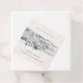Rustic Navy Blue Winery Mountain Sketch Wedding Bedankjes Labels (In situ)