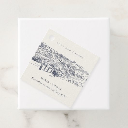 Rustic Navy Blue Winery Mountain Sketch Wedding Bedankjes Labels (In situ)