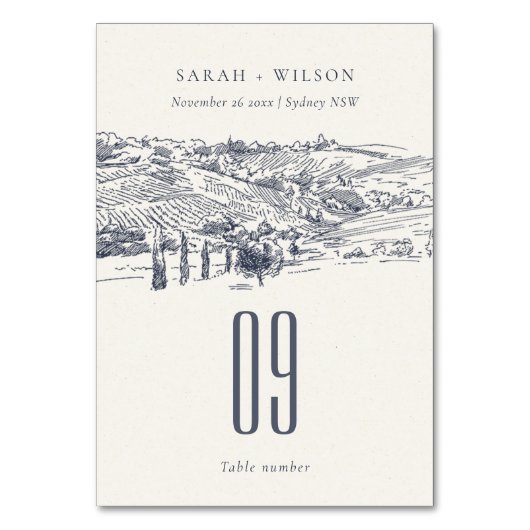 Rustic Navy Blue Winery Mountain Sketch Wedding Kaart (Voorkant)