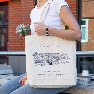 Rustic Navy Blue Winery Mountain Sketch Wedding Tote Bag